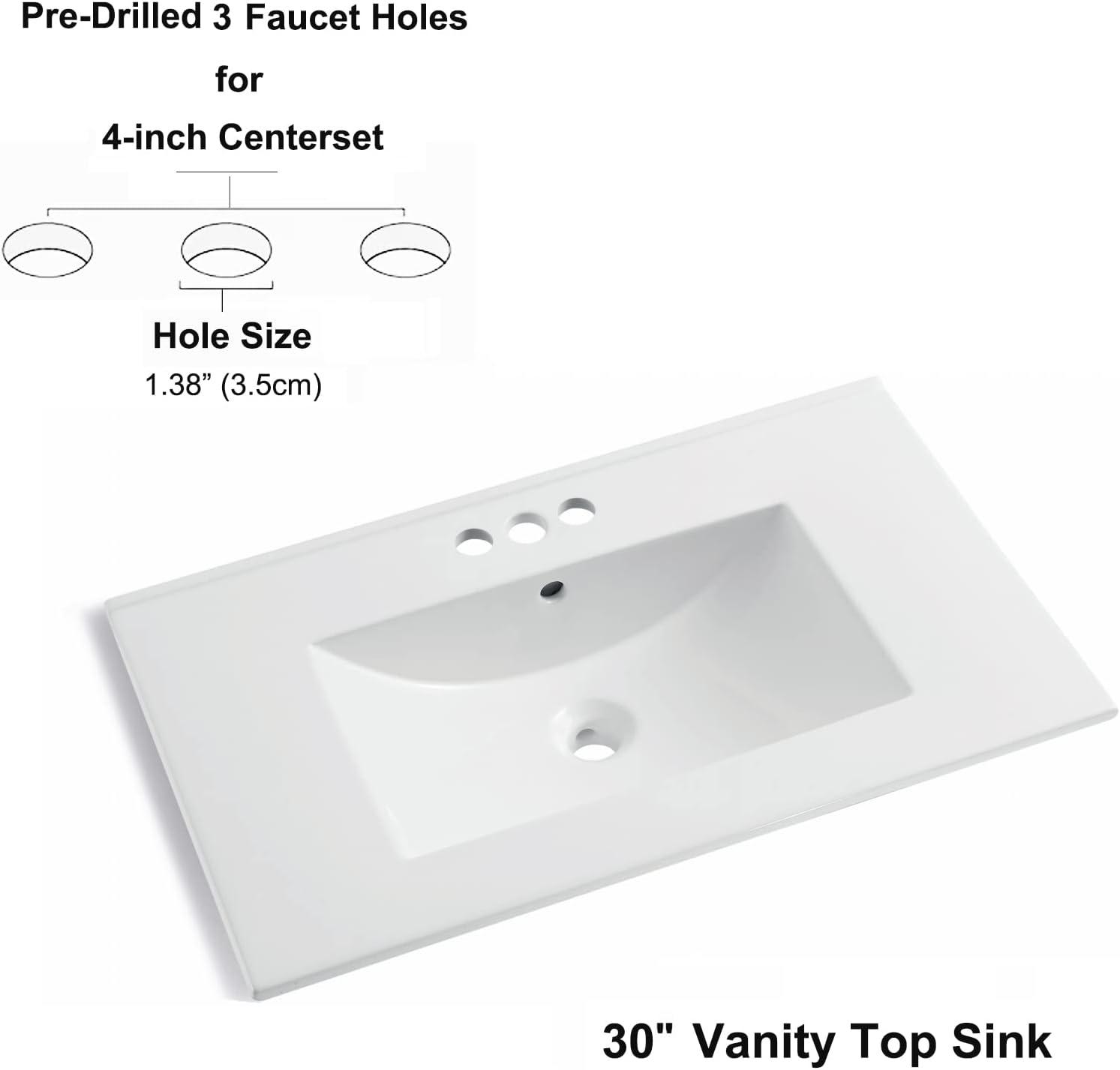 MEJE 30x18 inch Drop in Rectanglar 3 Holes Bathroom Sink, Vanity Top Only, White Glossy Finish