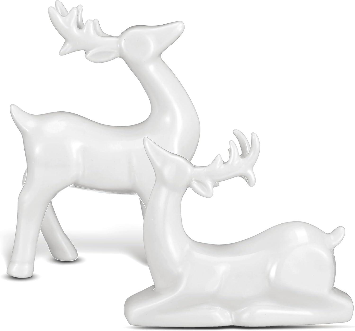 White Porcelain Christmas Deer Figurines Set