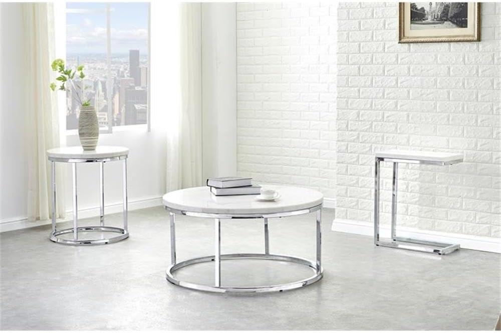 Echo Chairside Table White - Steve Silver Co.: Contemporary Metal Frame, Marble Top, Fixed Shelf, Feet Levelers