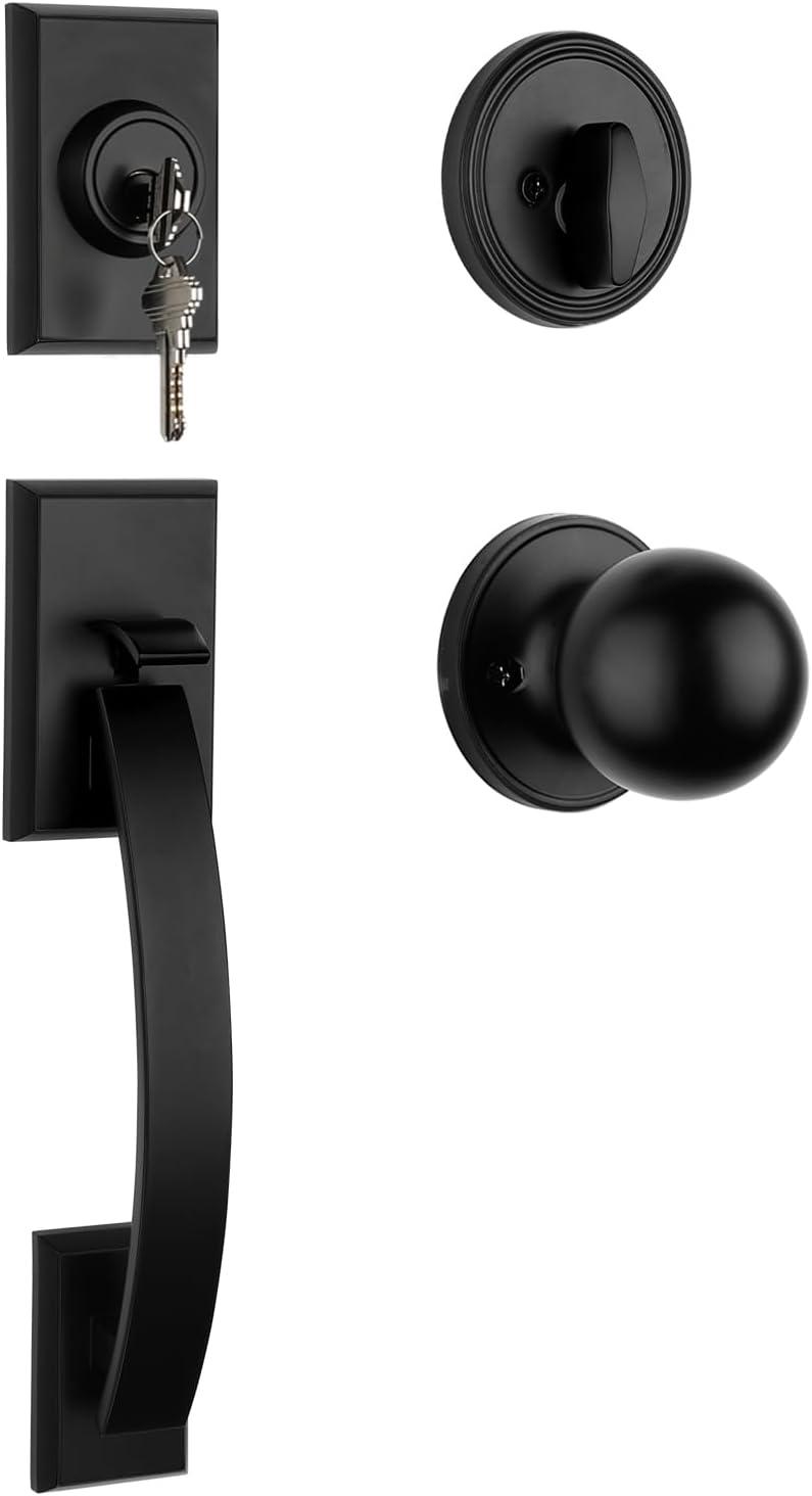 Matte Black Front Door Handle and Deadbolt Set Exterior, Black Front Door Lock Set, Modern Entry Door Locksets with Deadbolt Single Cylinder,