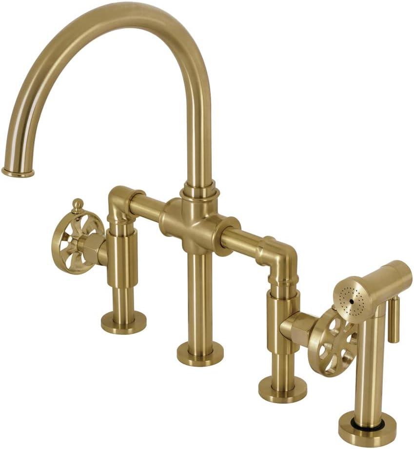 Brushed Brass Industrial Bridge Kitchen Faucet with Side Sprayer