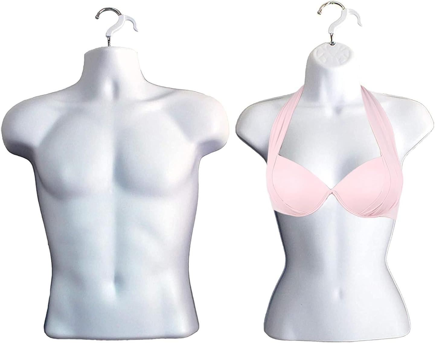 DisplayTown White Male + Female Mannequin Hollow Back Body Torso Set w/ Metal Stand and Metal Pole & Hanging Hook, S-M Sizes