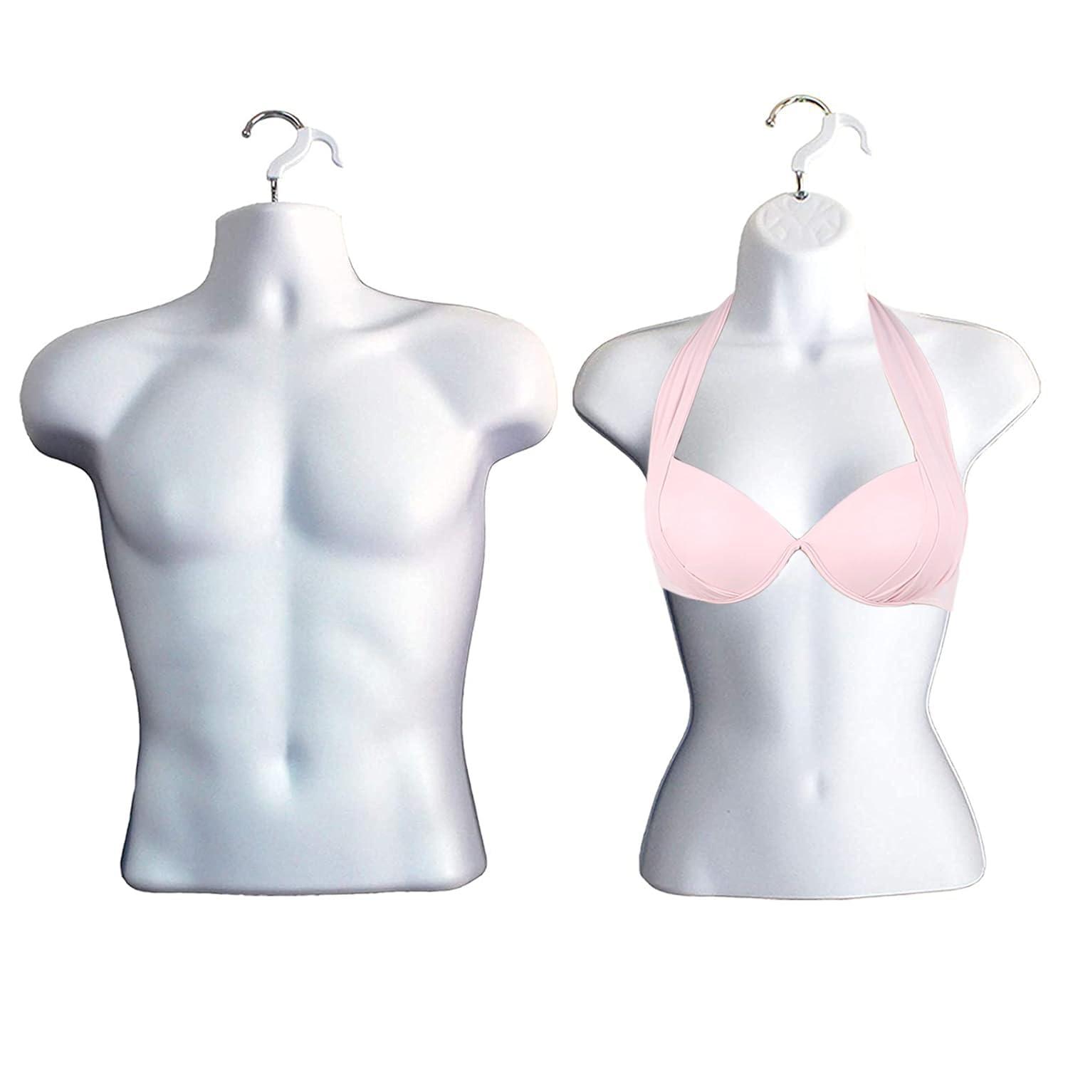 DisplayTown White Male + Female Mannequin Hollow Back Body Torso Set w/ Metal Stand and Metal Pole & Hanging Hook, S-M Sizes