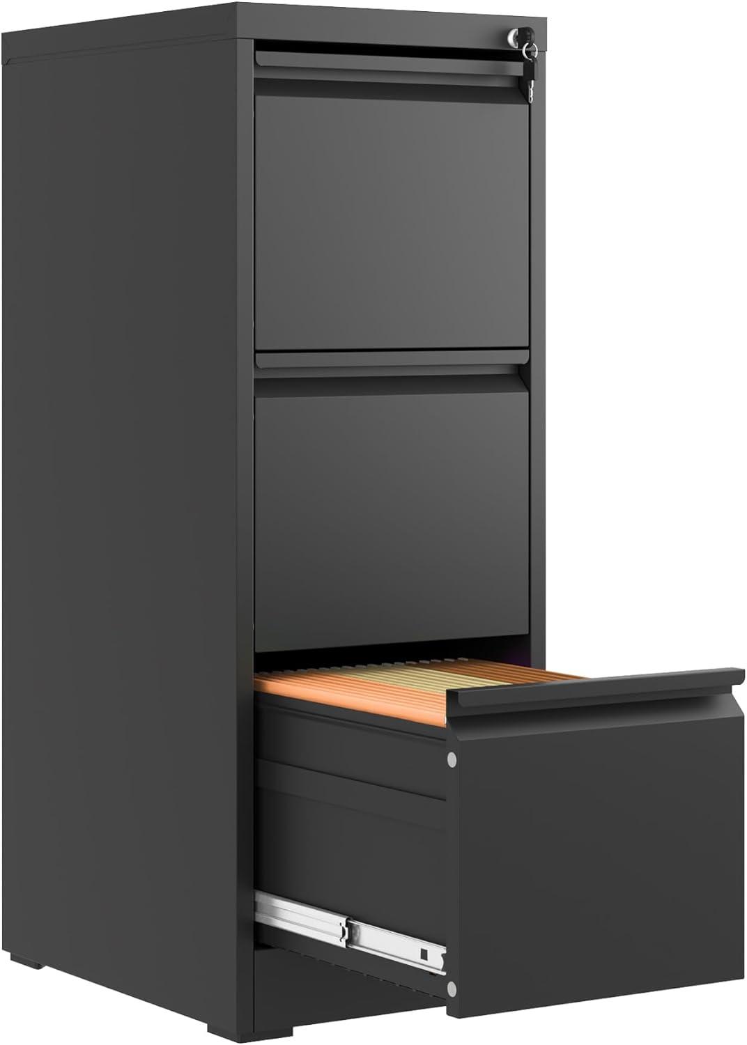 3 Drawer File Cabinet with Lock Metal Vertical File Cabinet Office Home Narrow File Cabinet for A4 Legal/Letter Size,Assembly Required (Black, 3 Drawers-Vertical)