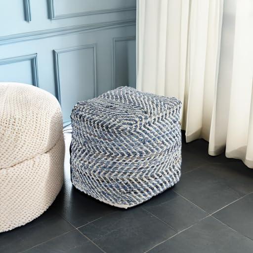 Blue and White Chevron Woven Cotton Pouf