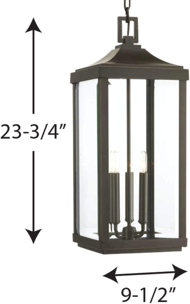 Progress Lighting, Devereux, 3-Light Outdoor Hanging Lantern, Antique Bronze, Etched White Pillar Shade