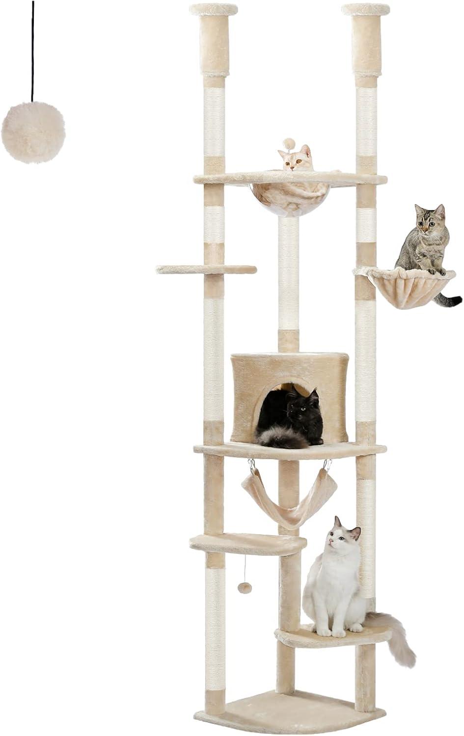 PEQULTI Floor to Ceiling Cat Tree 92.9’’-101.6’’ Height Adjustable Cat Tower Tall Kitty Climbing Play House with Scratching Posts, Cozy Condo, Perches and Large Hammock for Indoor Cats Gray