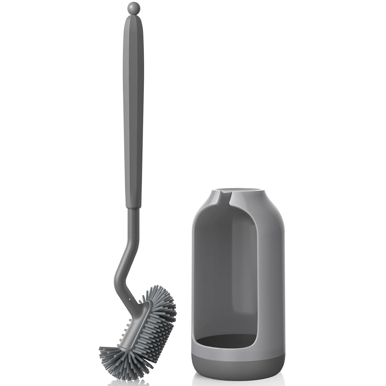 Toilet Bowl Brush Holder Set: Bathroom Deep Cleaning Toilet Cleaner Scrubber Under Rim with Curved Bristle for Dead Corner Clean - Hidden Rv Toilet Decorative Accessories with Caddy- Gray