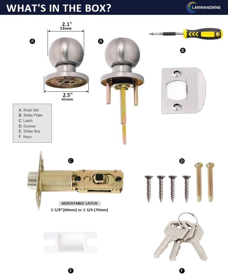 Lanwandeng Door Knobs with Lock, Satin Nickel, Hardware Handle, Keyed Entry for Bathroom or Bedroom
