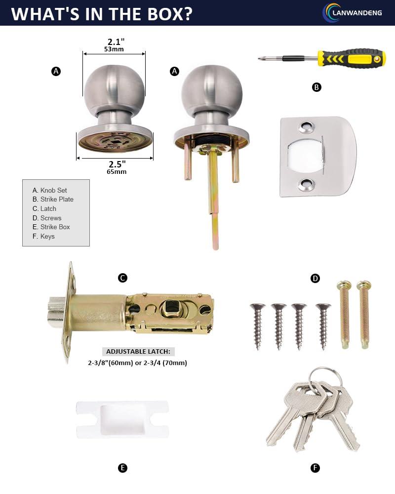 Lanwandeng Door Knobs with Lock, Satin Nickel, Hardware Handle, Keyed Entry for Bathroom or Bedroom