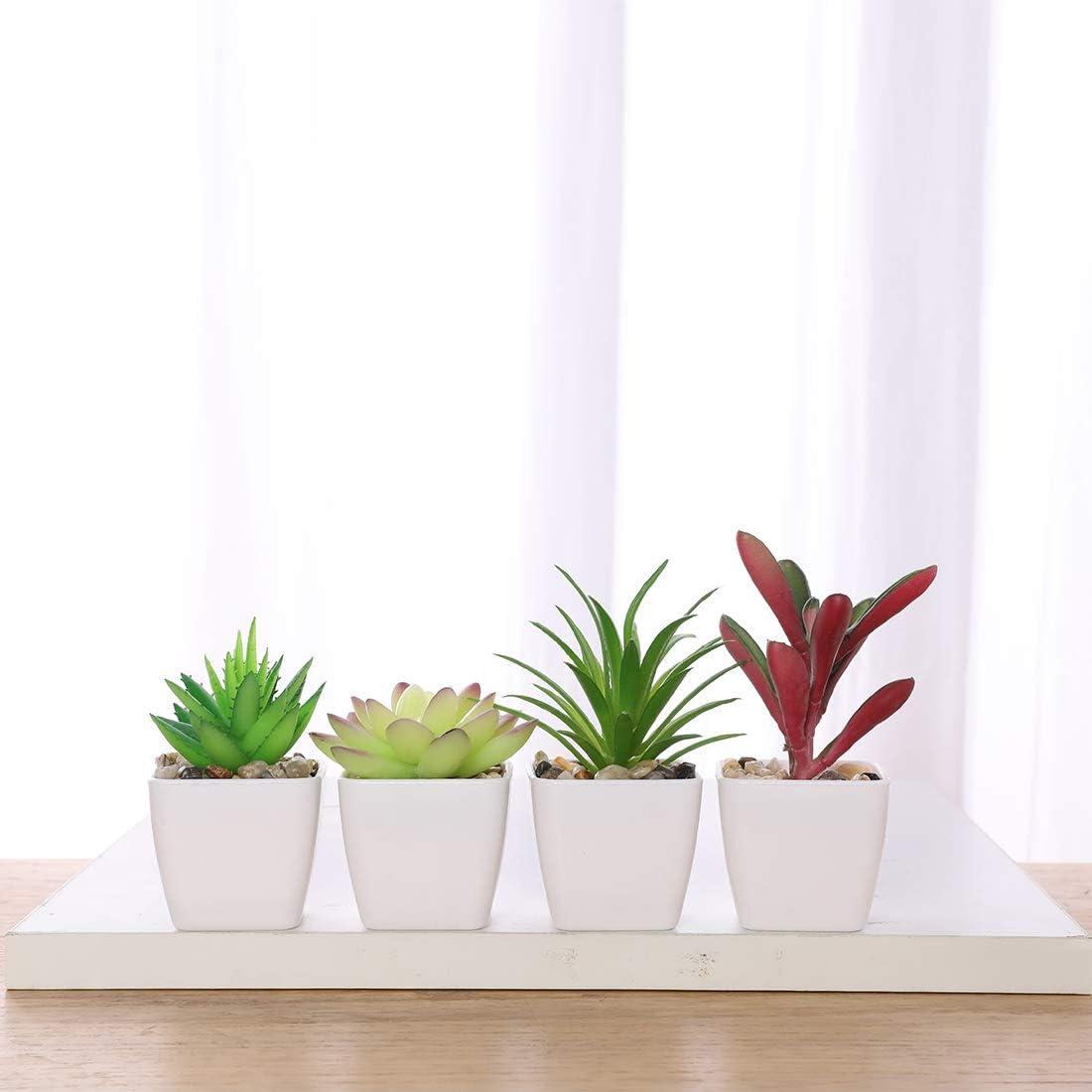 Mini Assorted Green and Red Plastic Succulent Plants in White Pots, Set of 6