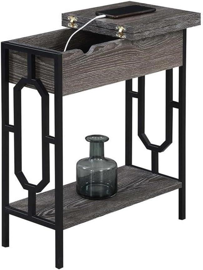 24 in. Omega Flip Top End Table with Charging Station, Weathered Gray Wood & Black
