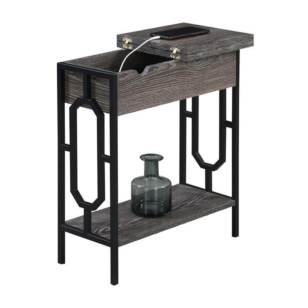 24 in. Omega Flip Top End Table with Charging Station, Weathered Gray Wood & Black