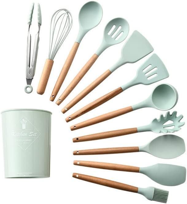 12 Pcs Silicone Cooking Utensils Kitchen Utensil Set - 446°F Heat Resistant,Turner Tongs, Spatula, Spoon, Brush, Whisk, Wooden Handle Green Kitchen Gadgets with Holder for Nonstick Cookware