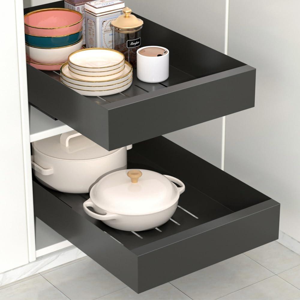 Pull Out Cabinet Organizer, Carbon Steel Cabinet Drawers Slide Out, Pantry Storage Shelves with Nano Adhesive Strip for Kitchen, Bathroom and Living Room 10.3" W X 17.0" D X 2.8H Grey