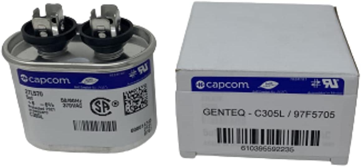 Genteq GENTEQ - C305L / 97F5705 GE Capacitor Oval 5 uf MFD 370 volt 97F5705 (replaces Old GE# Z97F5705, 97F95702, Z97F5702), 5uf 370 Vac(VAC), 5X370 Run Capacitor