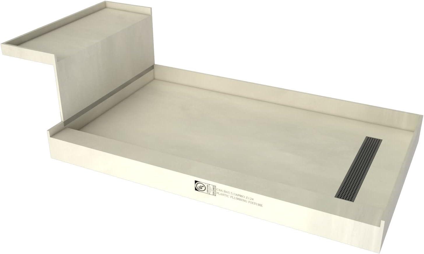 Beige 60" x 36" Shower Pan and Bench with Brushed Nickel Drain