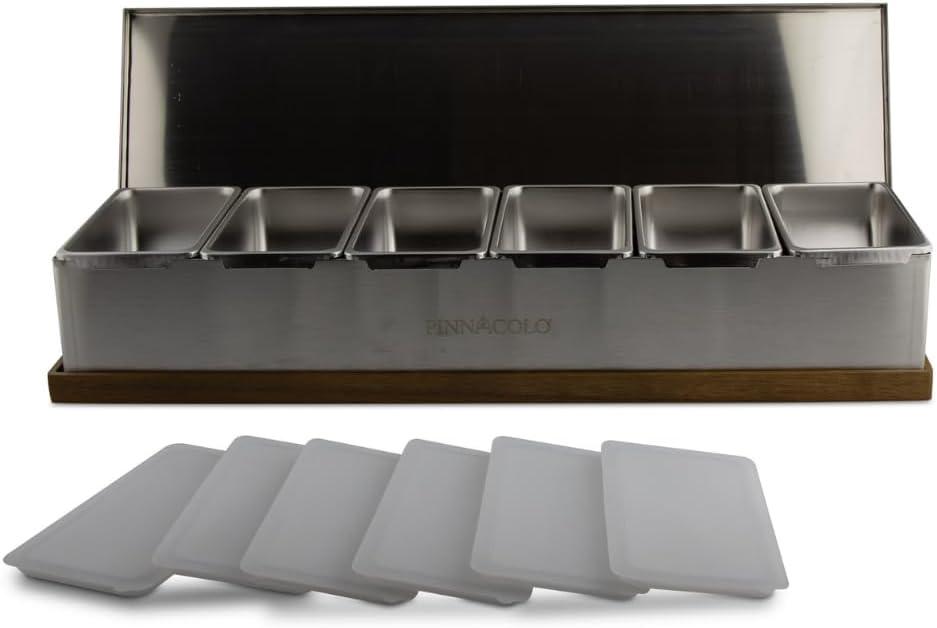 22-Inch Stainless Steel 6-Compartment Condiment Organizer with Silicone Lids