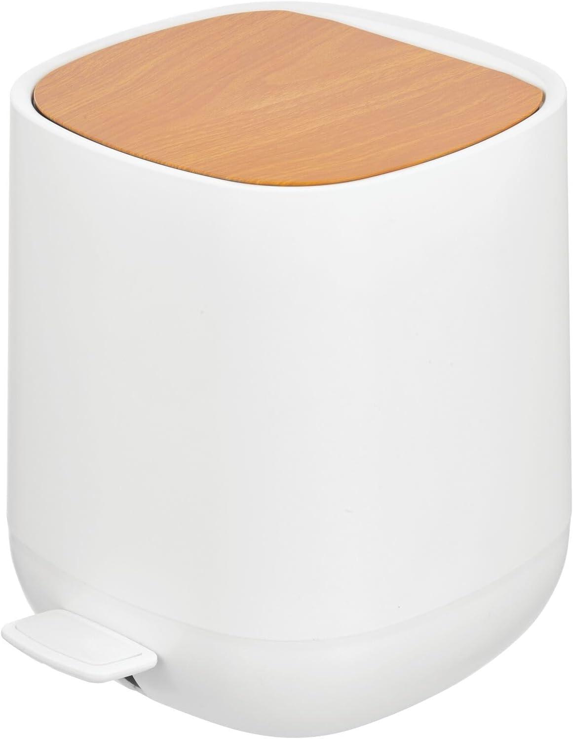 Modern 1.3/5 Liter Gallon Plastic Step Trash Can Wastebasket, Small Garbage Container Bin - for Bathroom, Powder Room, Bedroom, Kitchen, Craft Room - Removable Liner Bucket - White/Bamboo