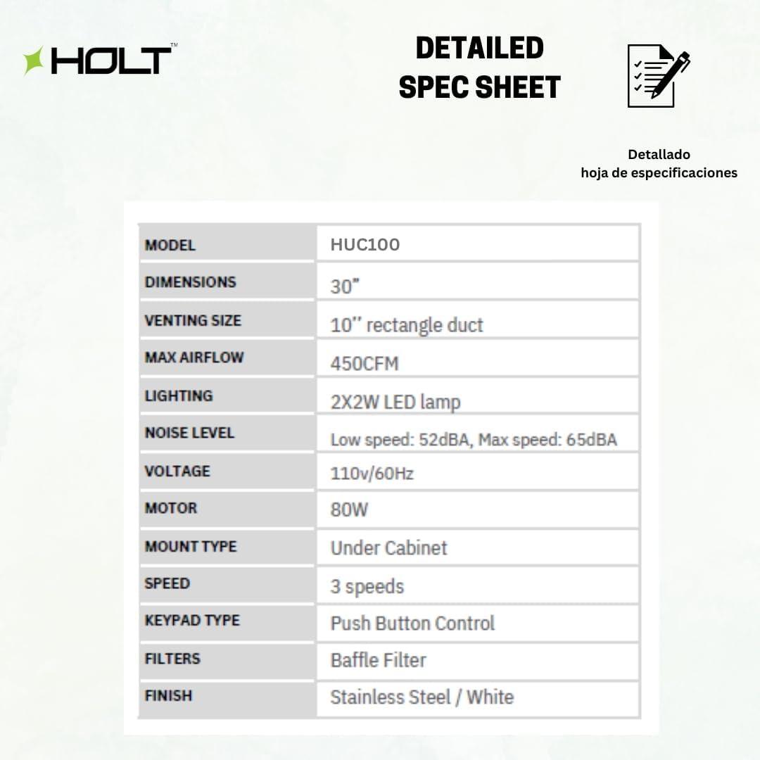 HOLT Stainless Steel 450 CFM Ducted (Vented) Under Cabinet Range Hood with Baffle Filter