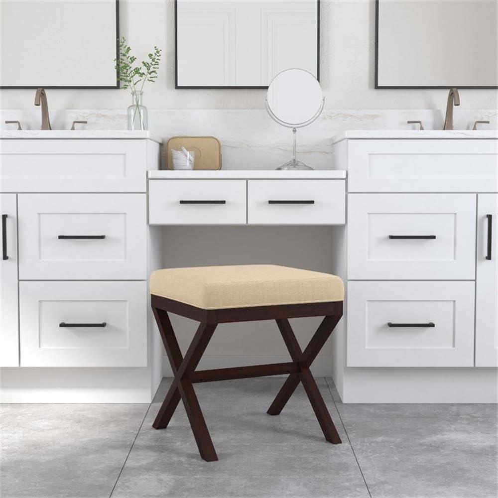 Espresso Wood and Beige Upholstered Backless Vanity Stool