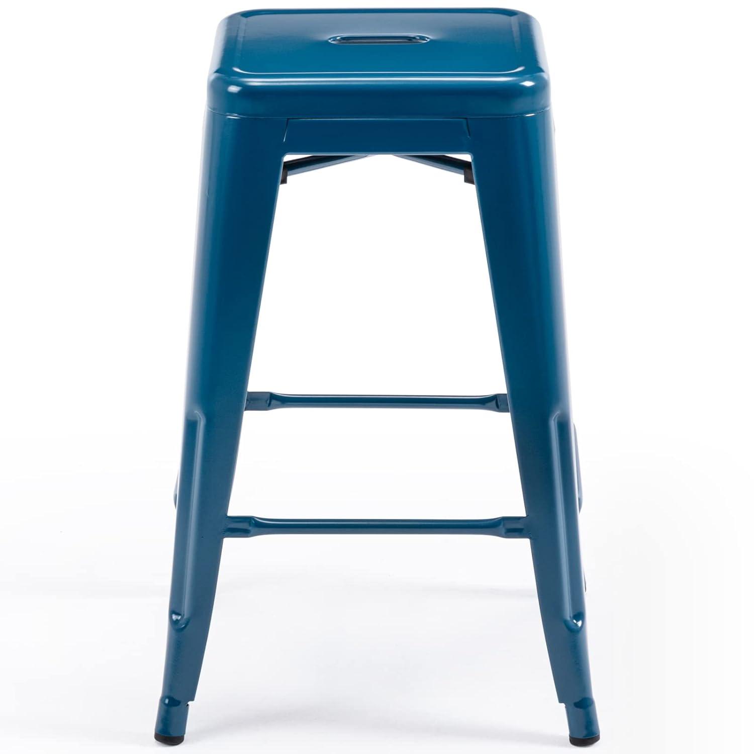 Vogue Furniture Direct 24 Inch Metal Bar Stools, Backless Counter Height Barstools, Indoor Outdoor Stackable Stools with Square Seat, Set of 2 (Deep Blue)