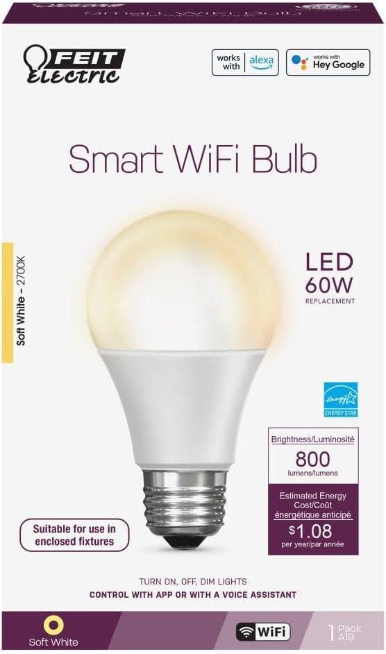 Feit Electric Smart LED 9 Watts (60W Equivalent) Soft White Light Bulb, A19, Medium (E26), Dimmable