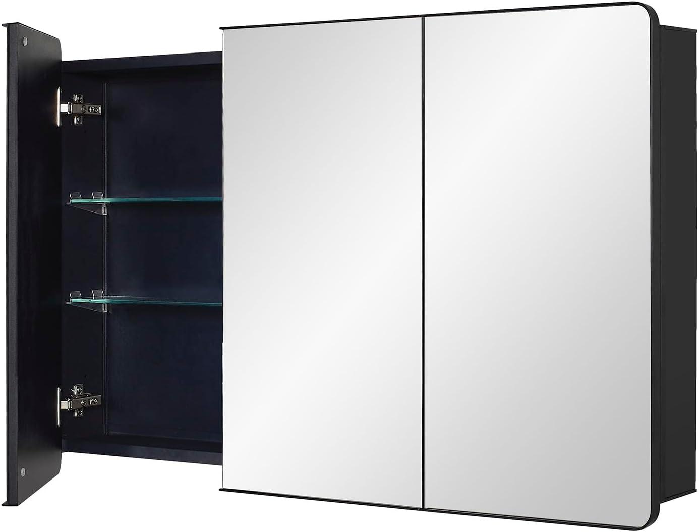 Black Bathroom Medicine Cabinet with Round Corner Framed Door, 40 x 25.5 inch, Recessed or Surface Mount, with Adjustable Glass Shelves