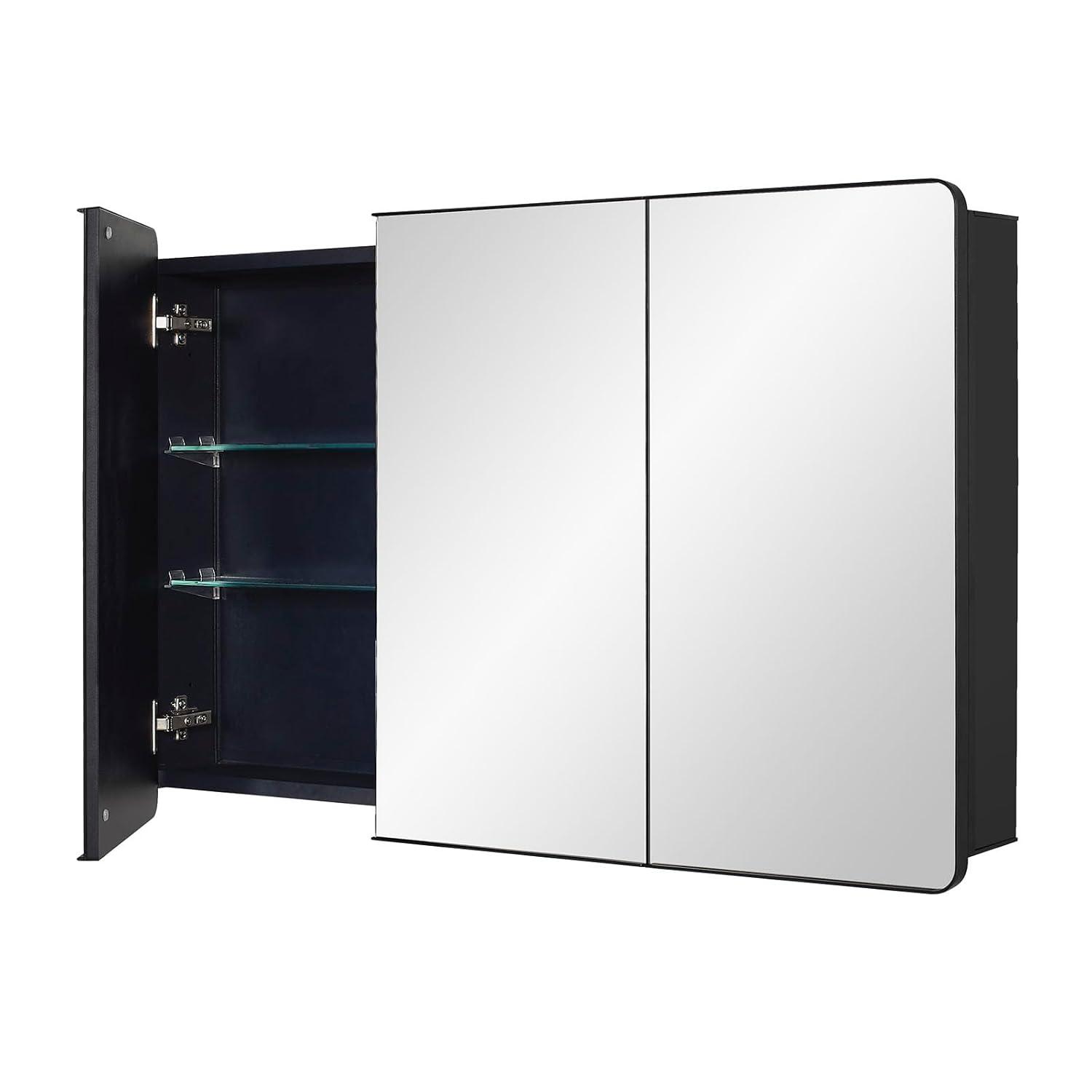 Black Bathroom Medicine Cabinet with Round Corner Framed Door, 40 x 25.5 inch, Recessed or Surface Mount, with Adjustable Glass Shelves