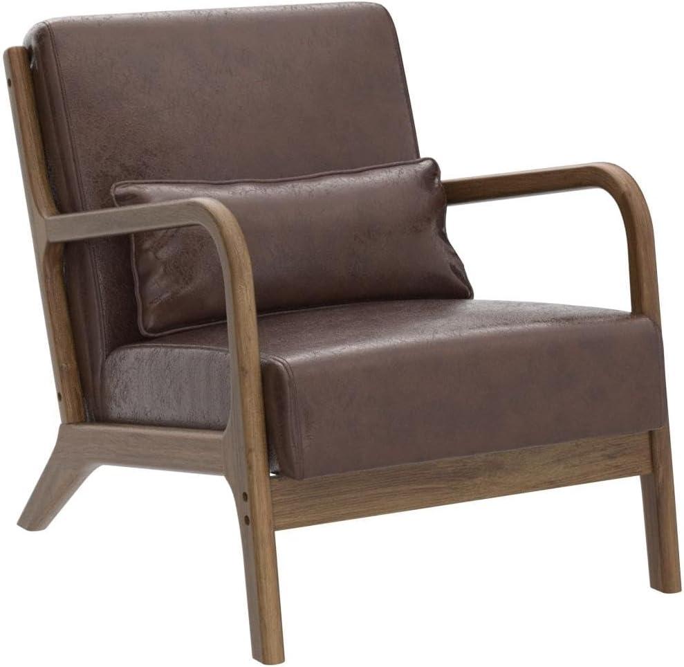 Glitzhome 2 Set Mid Century Coffee Accent Armchair, Single Reading Armchair PU Leather Lounge Chair with Walnut Ruberwood Frame