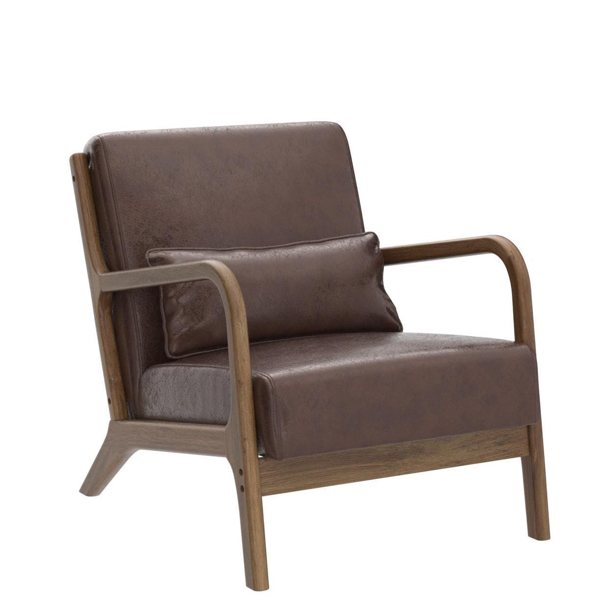 Glitzhome 2 Set Mid Century Coffee Accent Armchair, Single Reading Armchair PU Leather Lounge Chair with Walnut Ruberwood Frame
