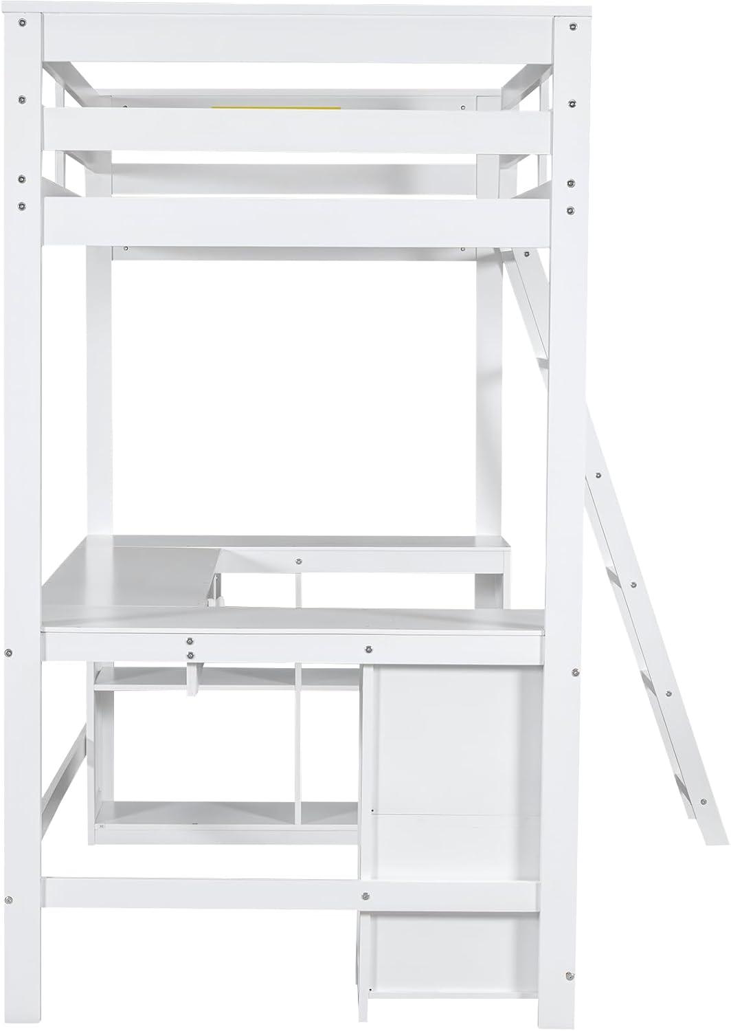 Bellemave Twin Size Loft Bed with U-shaped Desk,Wood Loft Bed Frame for Kids Teens with Drawers and Storage Shelves,No Box Spring Needed(White)