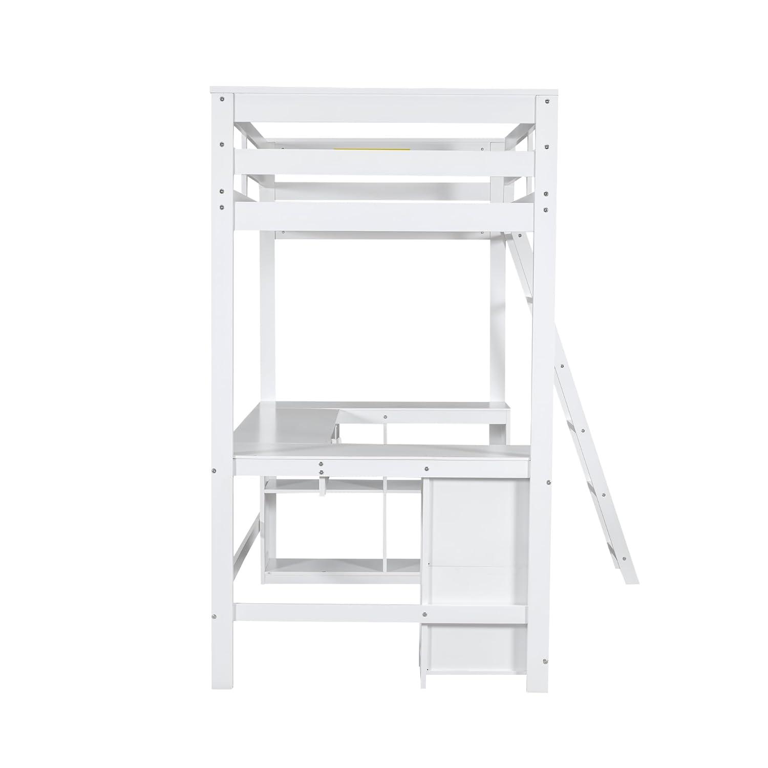 Bellemave Twin Size Loft Bed with U-shaped Desk,Wood Loft Bed Frame for Kids Teens with Drawers and Storage Shelves,No Box Spring Needed(White)