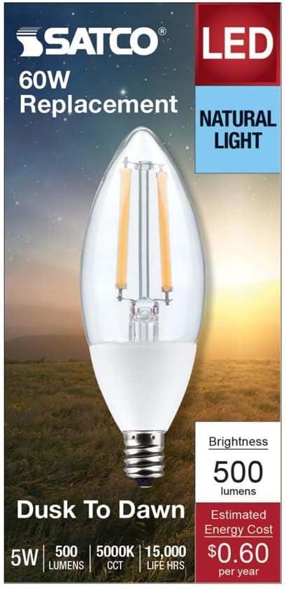 Satco 5 Watt B11 - Dusk to Dawn LED - 5000K - Candelabra Base - 120 Volt - 90 CRI