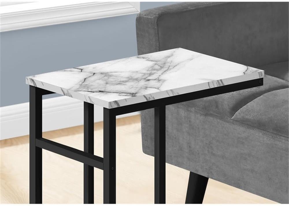 Monarch Specialties Accent Table, C-shaped, End, Side, Snack, Living Room, Bedroom, White Marble Look Laminate, Black Metal, Contemporary, Modern