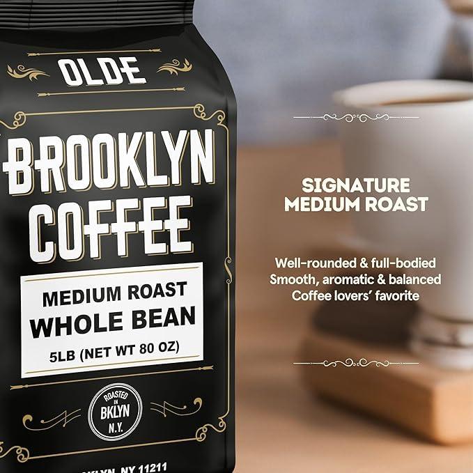 BROOKLYN COFFEE Whole Bean, Classic Medium Roast (5lb) Balanced, Smooth, Mellow - Fresh Bulk Coffee Beans Roasted Weekly in NYC