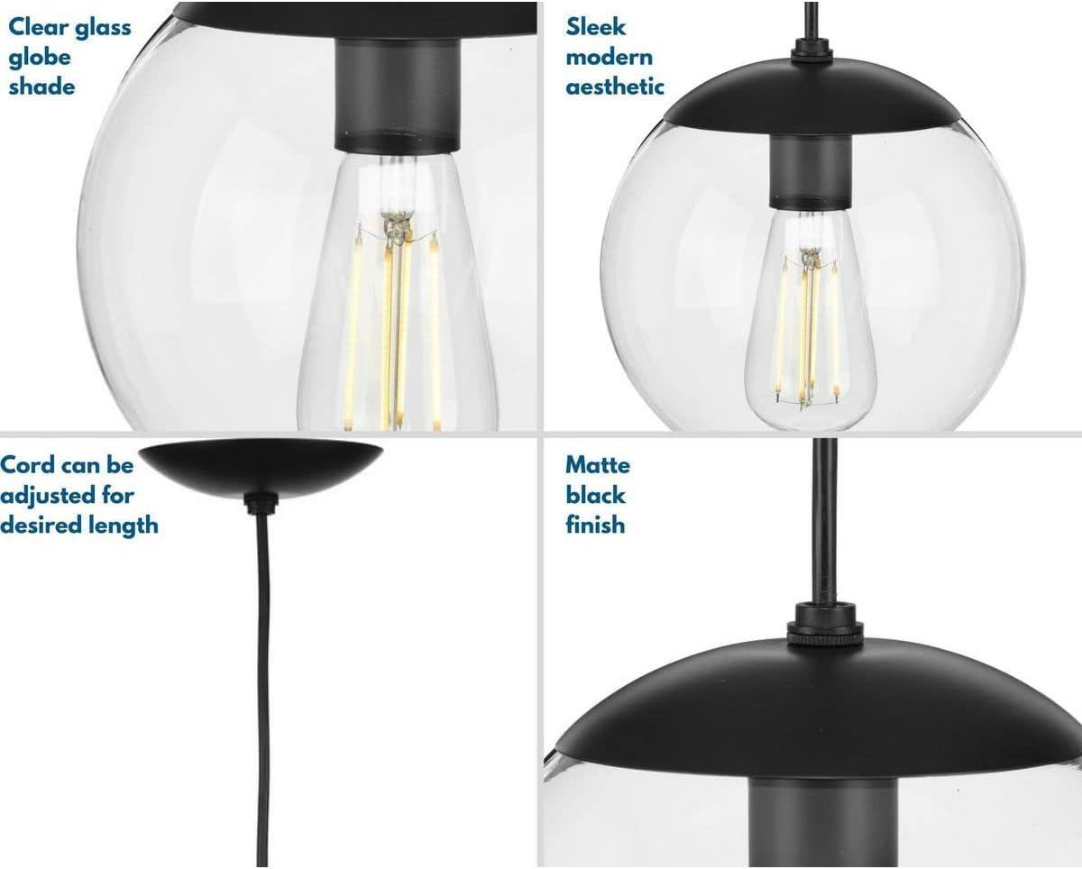 Progress Lighting, Atwell Collection, 1-Light, Pendant Light, Matte Black, Glass Globe Shade