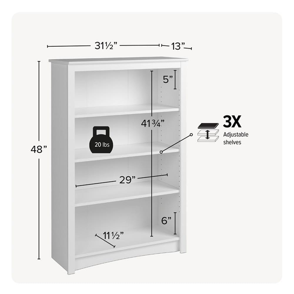 Home Office 4-Shelf Standard Bookcase, 31.5 in. W x 48 in. H x 13 in. D, White