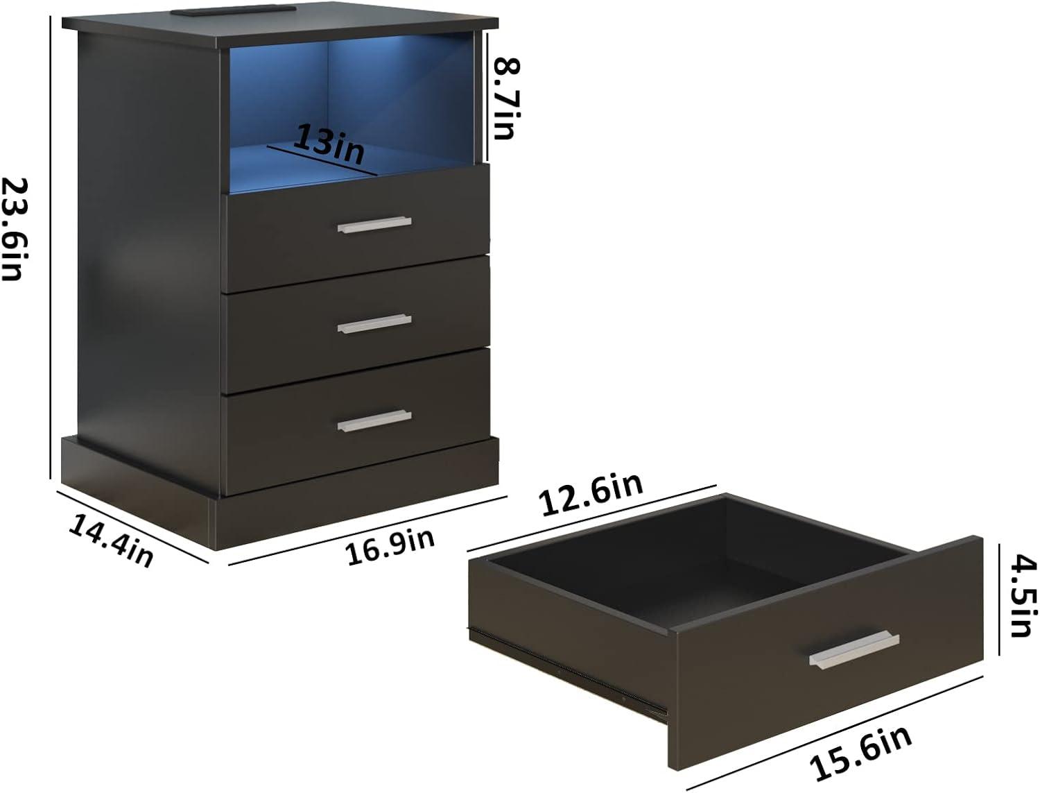 Afuhokles Black LED Nightstand with Charging Station, Night Stand 3 Drawers with Open Storage, Side Table with USB Ports and Outlets