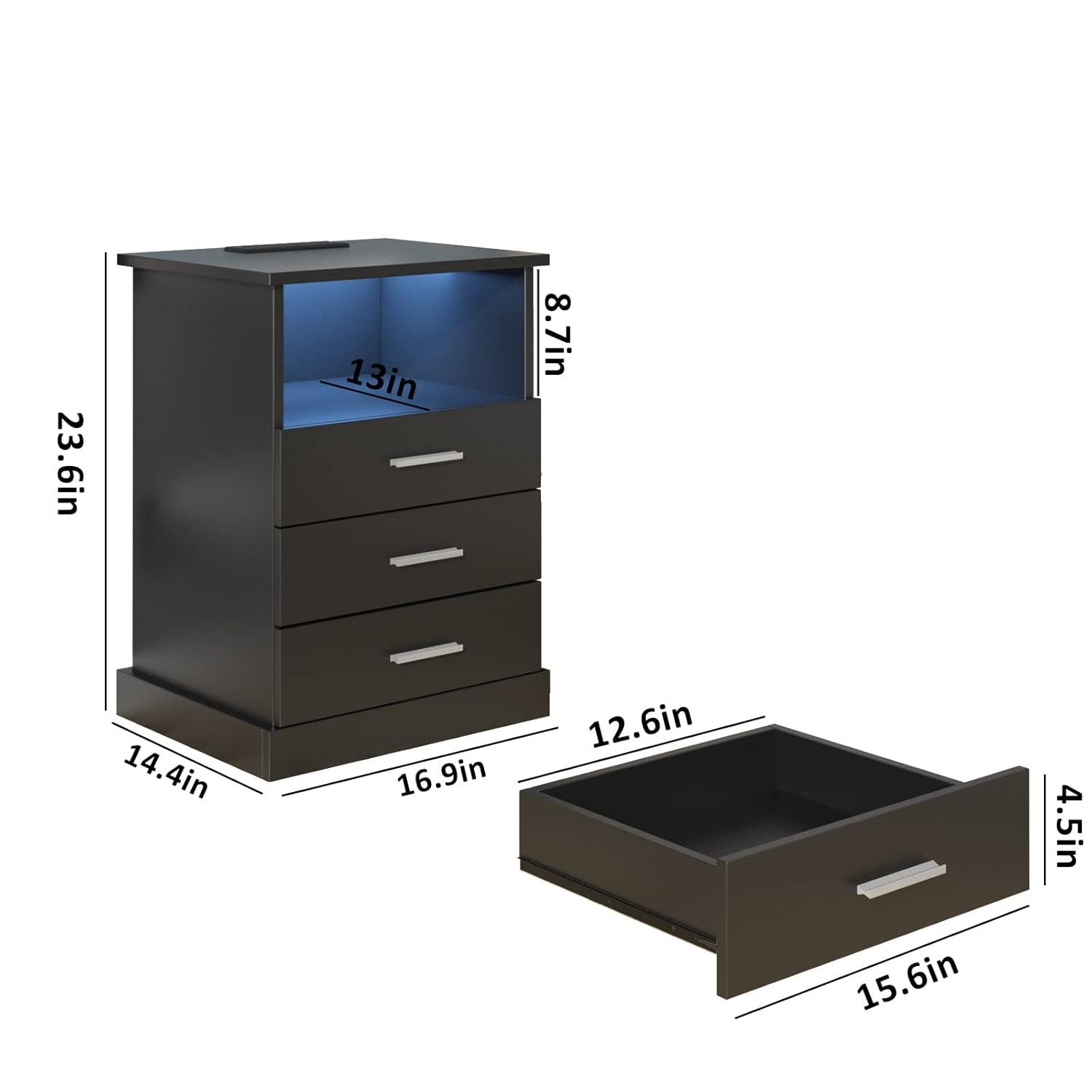 Afuhokles Black LED Nightstand with Charging Station, Night Stand 3 Drawers with Open Storage, Side Table with USB Ports and Outlets