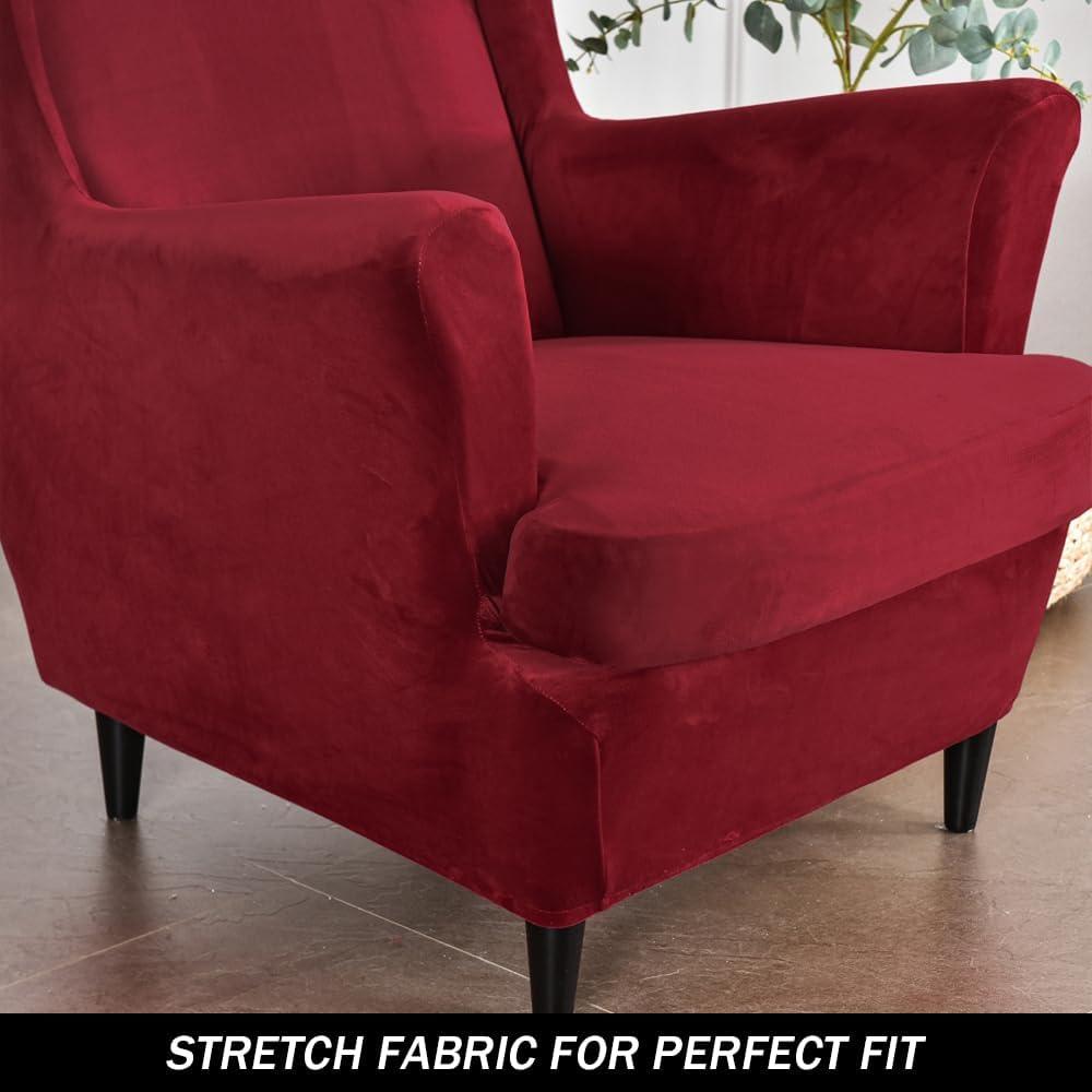 Wing Chair Slipcovers, 2 Piece Stretch Wingback Chair Cover Soft Velvet Armchair Covers with Elastic Bottom for Living Room Bedroom (Wine red)