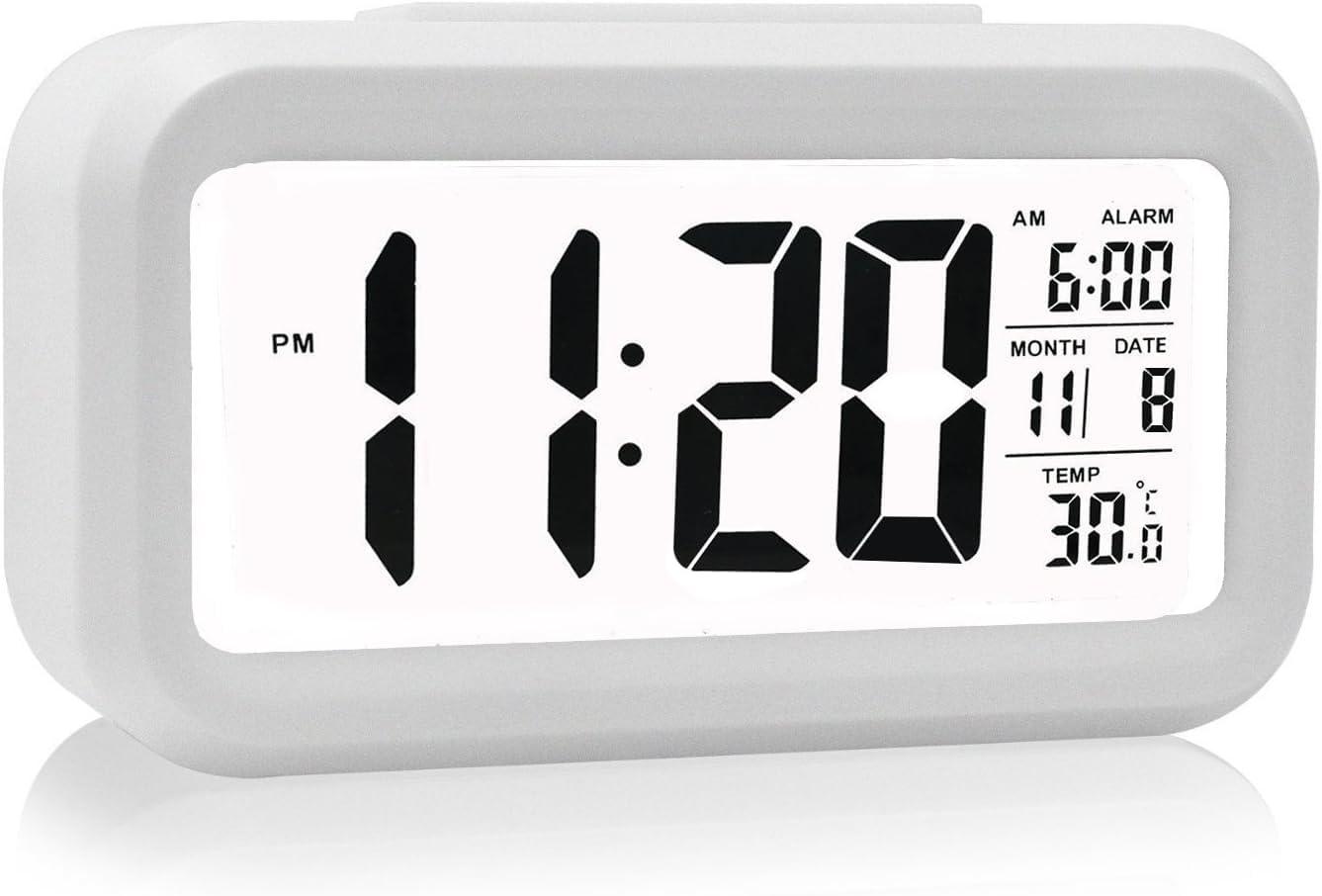 Indoor Temperature Alarm Clock for Bedrooms, Smart Night Light, Battery Operated Small Easy Desk Bedside Gifts Clock-White