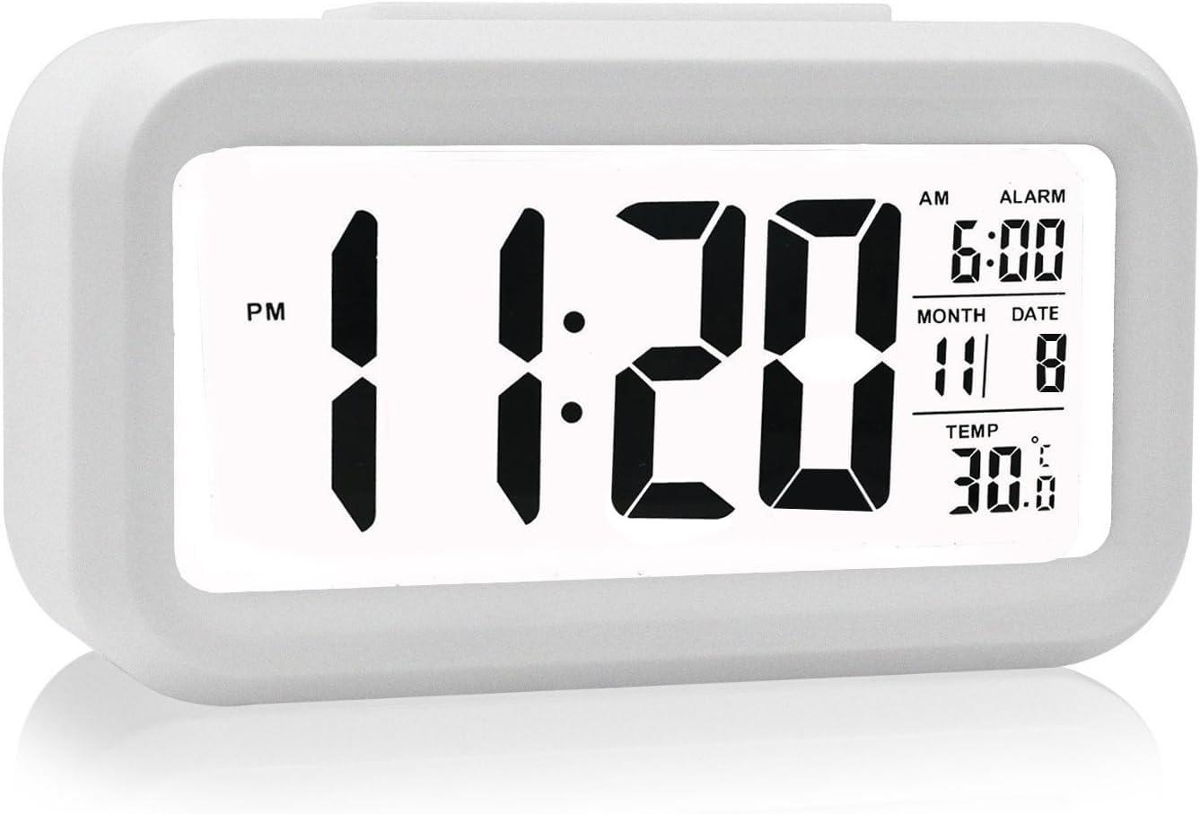 Indoor Temperature Alarm Clock for Bedrooms, Smart Night Light, Battery Operated Small Easy Desk Bedside Gifts Clock-White