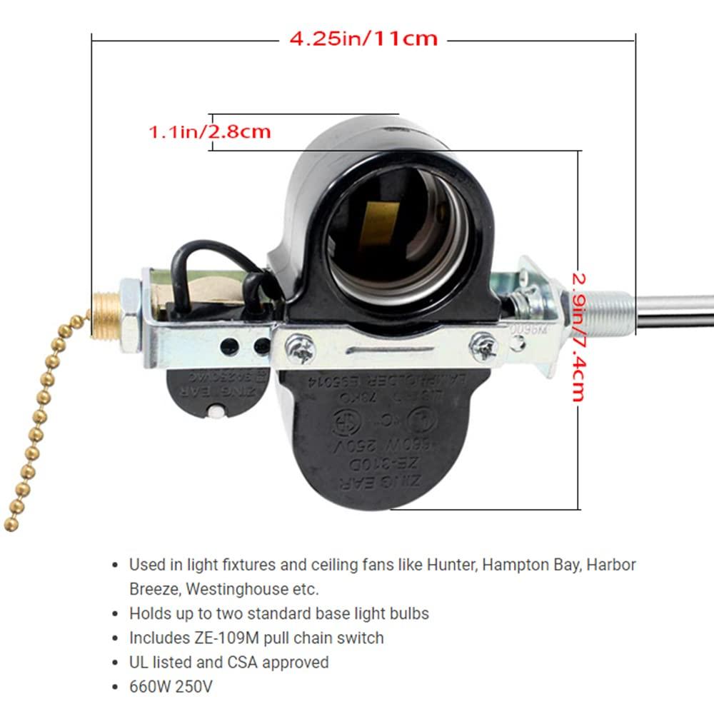 Zing Ear ZE-310D Ceiling Fan Light Replacement Parts, Fan Light Switch Pull Chain Switch for Lamp Holder Socket 660W-Brass