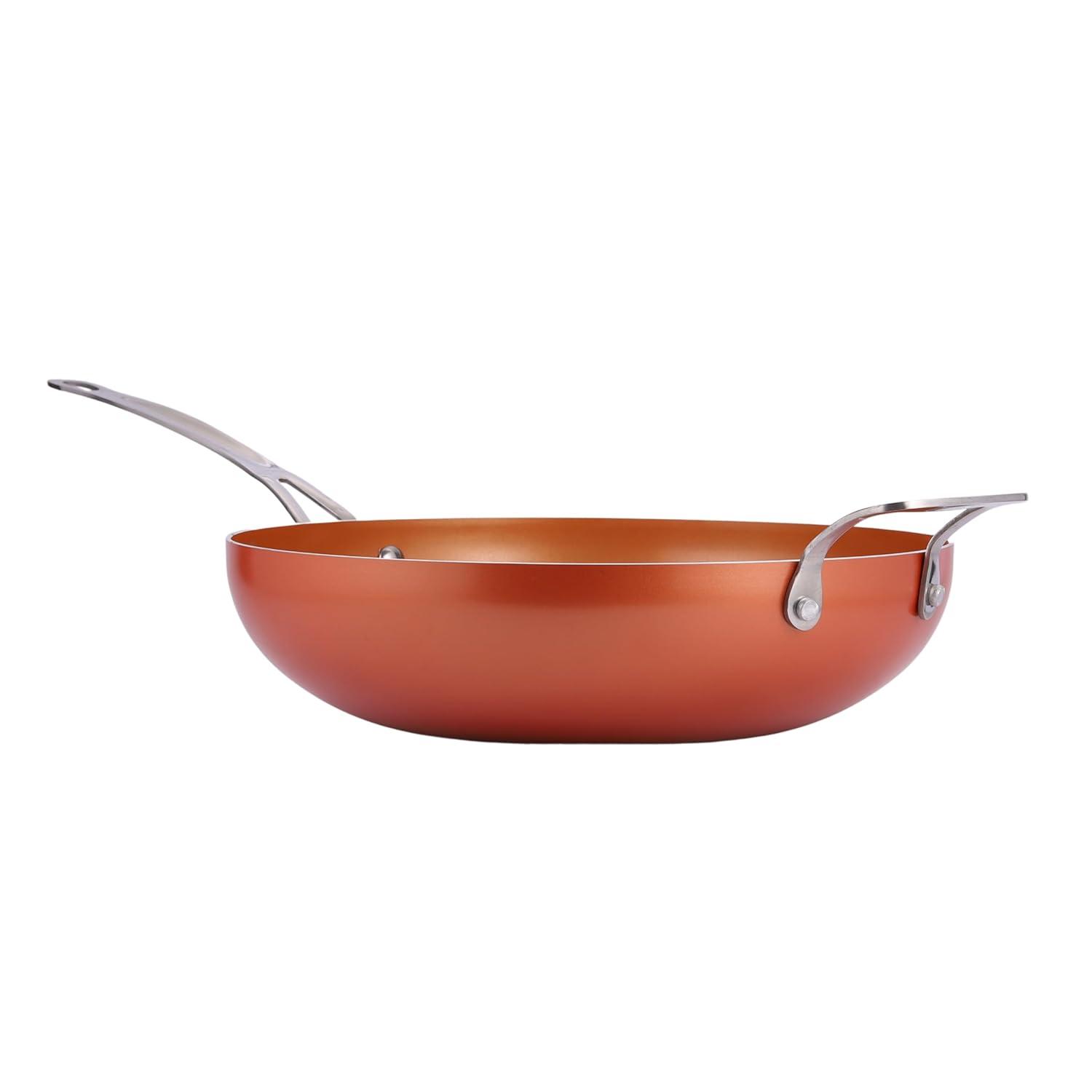 Master Pan Masterpan Chef's Wok & Glass Lid, Copper Color Ceramic Non-Stick Coating, 12"