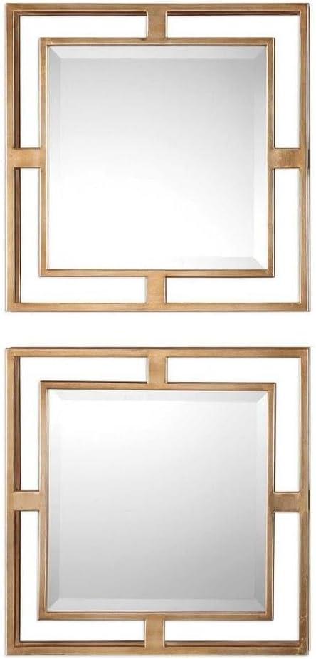 Antiqued Gold Leaf Square Wall Mirrors with Beveled Edges, Set of 2