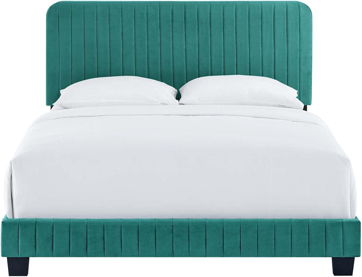 Modway Celine Channel Tufted Performance Velvet Full Platform Bed in Teal Green