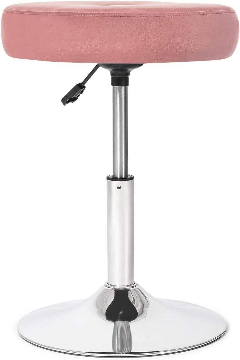 Adeco Modern Round Pink Vanity Stool Chair for Makeup Room, Height Adjustable 360 Swivel Foot Stools Piano Stool with Chromed Metal Base for Living Room, Bathroom, Office
