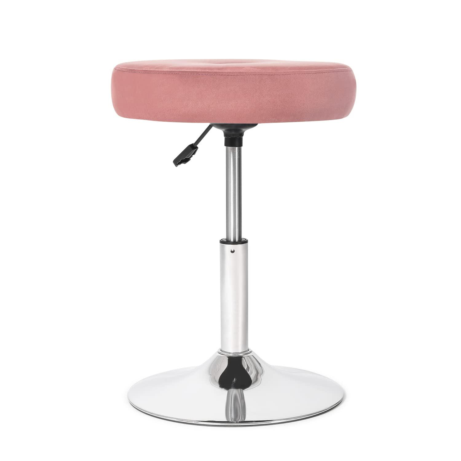 16” Round Adjustable Vanity Stool, Pink Vanity Chair for Makeup Room, Modern Vanity Chair with Velvet Fabric & Metal Base.