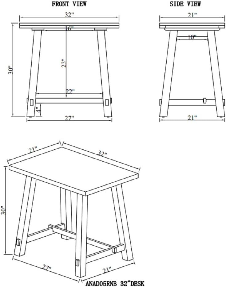 32" Small Adam Solid Wood Desk Rustic Natural - Alaterre Furniture: Industrial Sawhorse Leg, Pine Surface